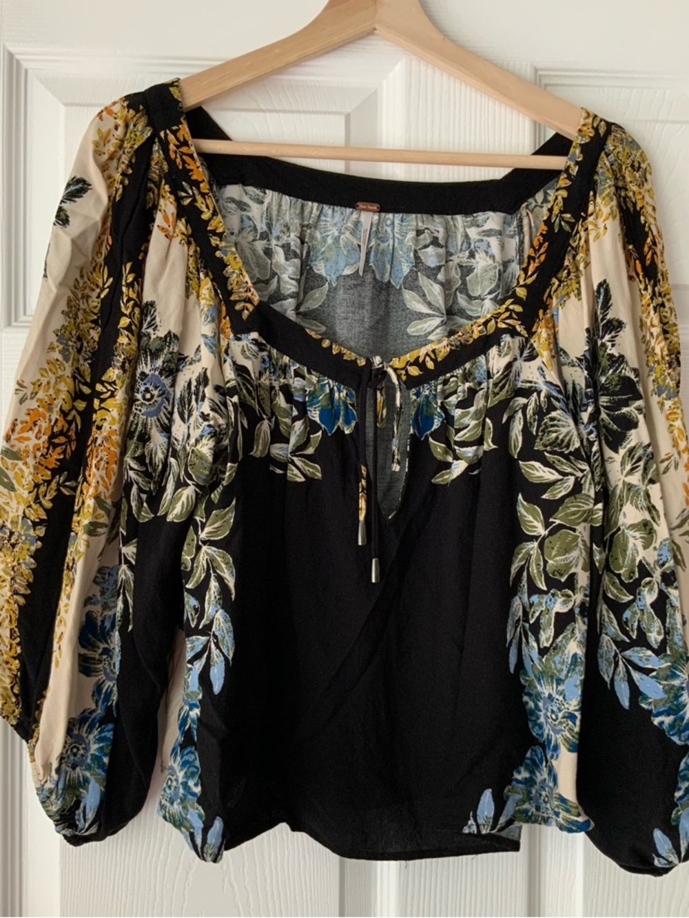 Free People Black Floral Tie-Front Peasant Blouse